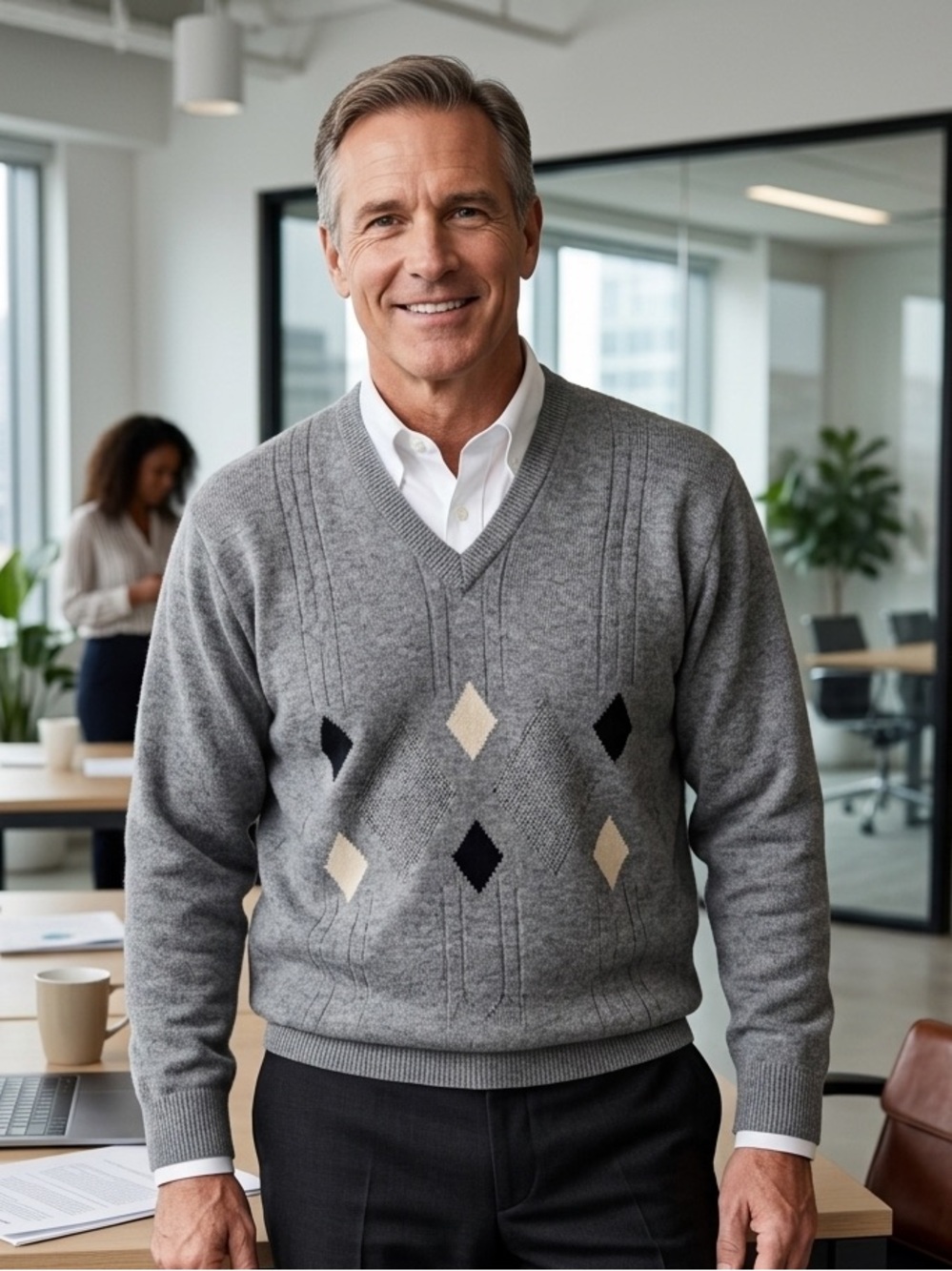 Jaeger Mens VTG Sweater Grey Size M-L 100% Lambswool Made In Great Britain